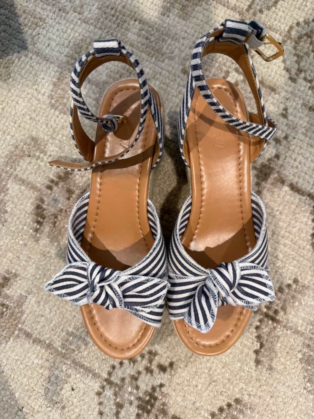 J Crew Women’s Wedge Striped Bow Ankle-Strap Womens Sandals Navy & White 9 EUC